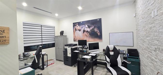Home Office, Interior, Recessed Lighting, Stone Walls