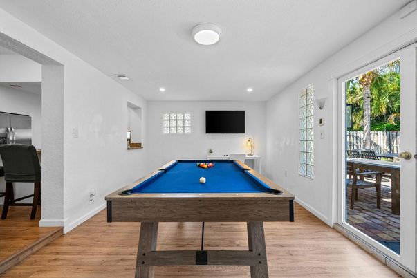 Billiard Table, Game Room, Interior, Recessed Lighting, Wood Texture Flooring