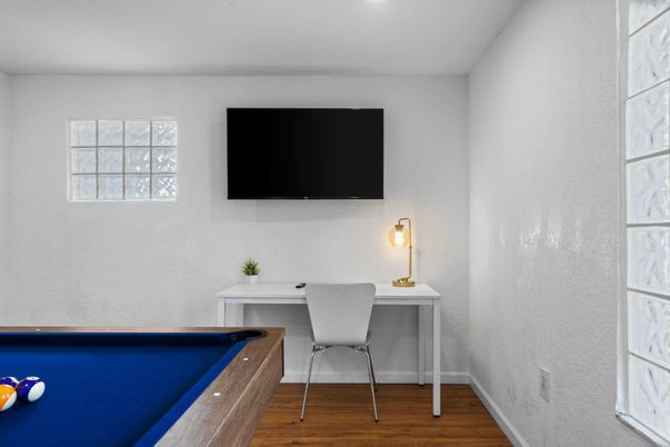 Billiard Table, Game Room, Home Office, Interior, Recessed Lighting, Wood Texture Flooring