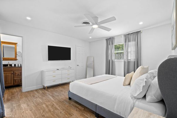 Bedroom, Interior, Recessed Lighting, Wood Texture Flooring