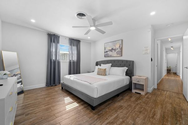 Bedroom, Interior, Recessed Lighting, Wood Texture Flooring