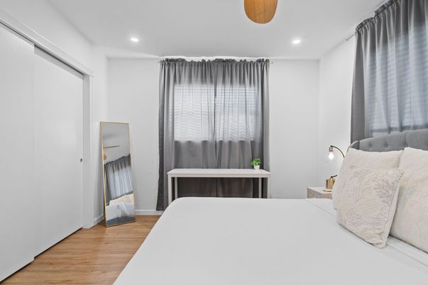 Bedroom, Interior, Recessed Lighting, Wood Texture Flooring