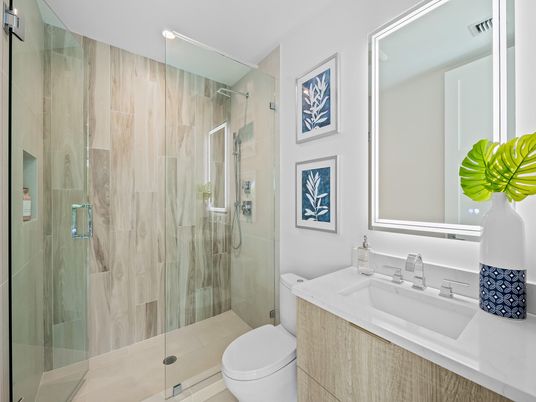 Bathroom, Glass Shower, Interior, Recessed Lighting