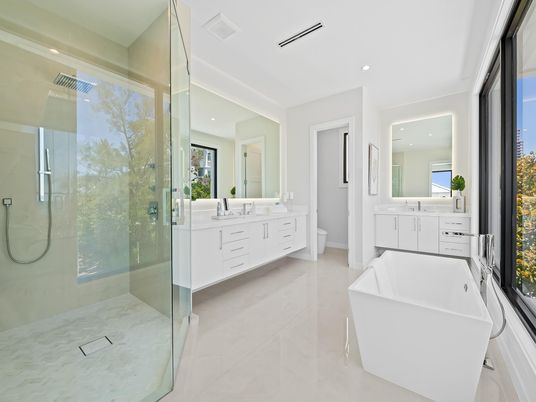 Bathroom, Dual Sink Vanities, Free Standing Baths, Glass Shower, Interior, Recessed Lighting