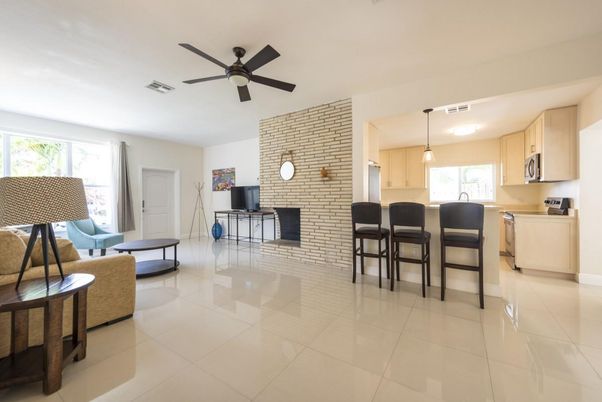 Interior, Kitchen, Pendant Lights, Stone Walls