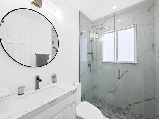 Bathroom, Glass Shower, Interior, Marble Walls, Recessed Lighting