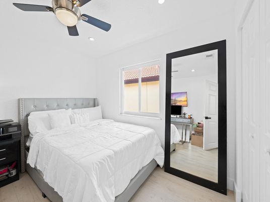 Bedroom, Interior, Recessed Lighting, Wood Texture Flooring