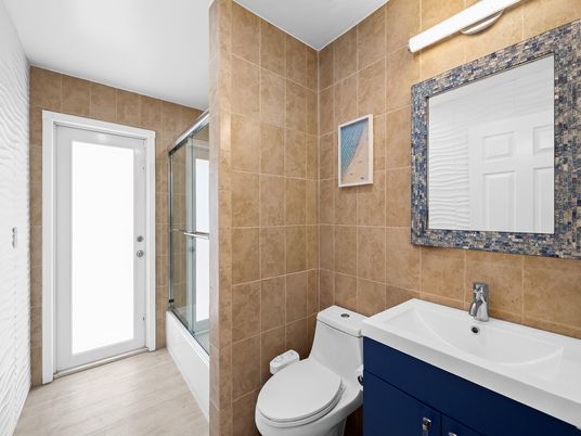 Bathroom, Glass Shower, Interior, Wood Texture Flooring