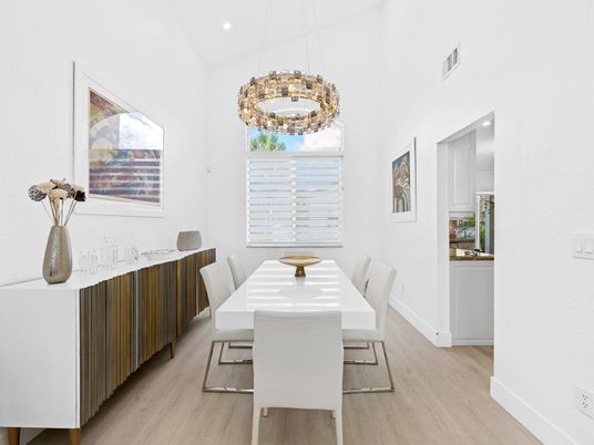 Dining room, Interior, Pendant Lights, Recessed Lighting, Wood Texture Flooring
