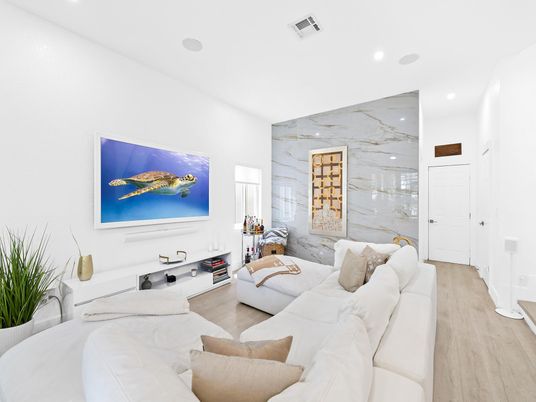 Interior, Living room, Marble Walls, Recessed Lighting, Wood Texture Flooring