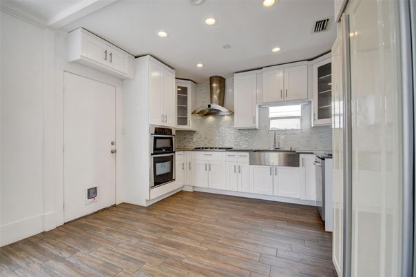 Interior, Kitchen, Recessed Lighting, Stainless Steel Appliances, Wood Texture Flooring