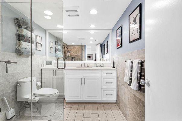 Bathroom, Glass Shower, Interior, Recessed Lighting, Wood Texture Flooring