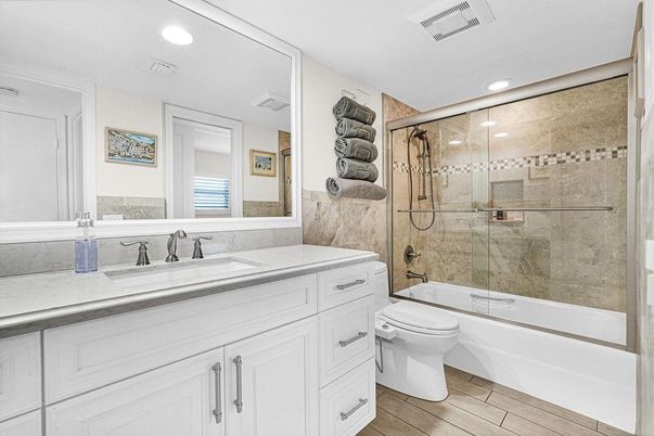 Bathroom, Glass Shower, Interior, Recessed Lighting, Wood Texture Flooring