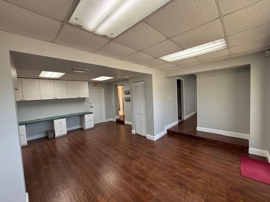 Empty room, Interior, Kitchen, Recessed Lighting, Wood Texture Flooring
