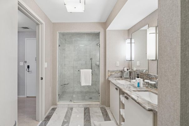 Bathroom, Dual Sink Vanities, Glass Shower, Interior, Marble, Marble Walls