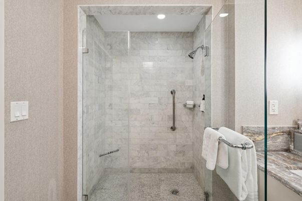 Bathroom, Glass Shower, Interior, Marble Walls, Recessed Lighting