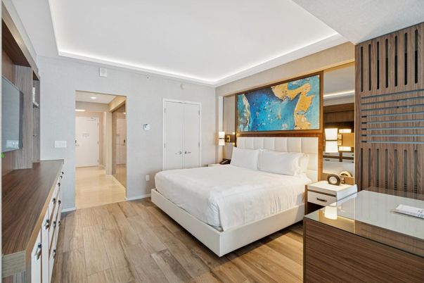 Bedroom, Interior, Recessed Lighting, Wood Texture Flooring