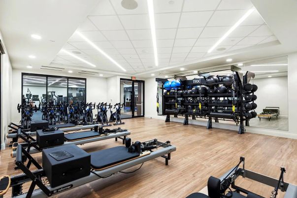 Fitness Equipment, Gym, Interior, Recessed Lighting, Wood Texture Flooring