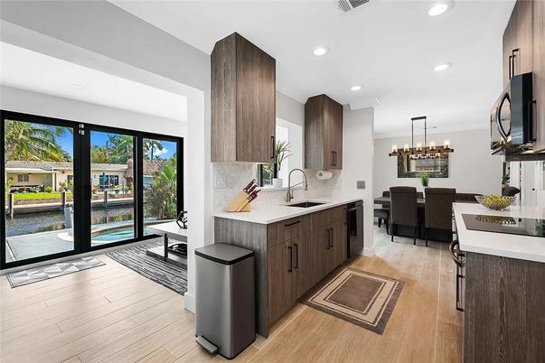 Dining room, Interior, Kitchen, Pendant Lights, Recessed Lighting, Water, Wood Texture Flooring