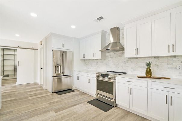 Interior, Kitchen, Recessed Lighting, Stainless Steel Appliances, Wood Texture Flooring