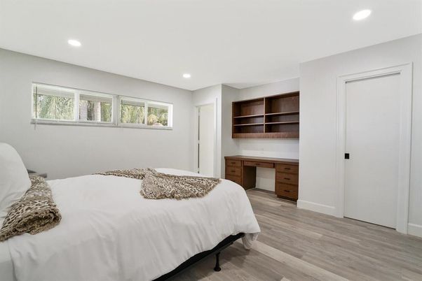 Bedroom, Interior, Recessed Lighting, Wood Texture Flooring
