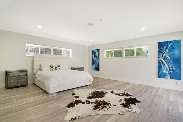 Bedroom, Interior, Recessed Lighting, Wood Texture Flooring