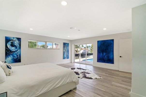 Bedroom, Interior, Recessed Lighting, Wood Texture Flooring