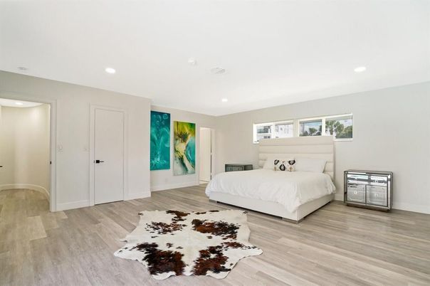 Bedroom, Interior, Recessed Lighting, Wood Texture Flooring