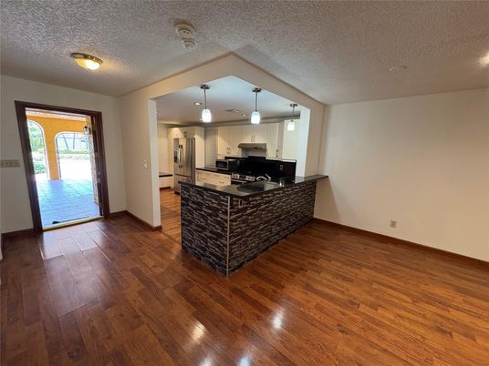 Interior, Kitchen, Pendant Lights, Stainless Steel Appliances, Wood Texture Flooring