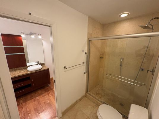 Bathroom, Glass Shower, Interior, Recessed Lighting, Wood Texture Flooring