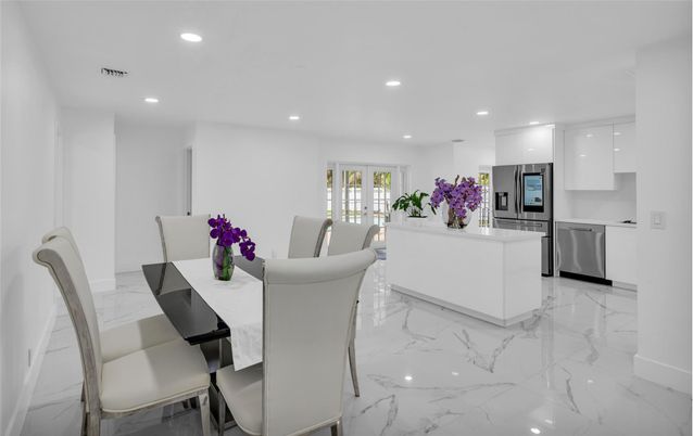 Dining room, Interior, Kitchen, Marble, Recessed Lighting, Stainless Steel Appliances