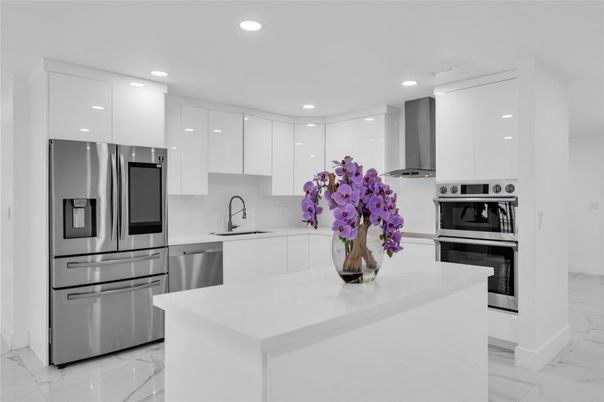 Interior, Kitchen, Marble, Recessed Lighting, Stainless Steel Appliances