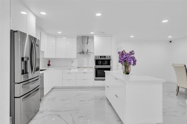 Interior, Kitchen, Marble, Recessed Lighting, Stainless Steel Appliances