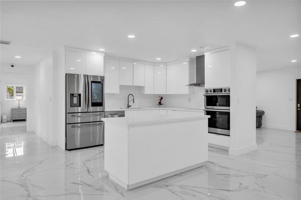 Interior, Kitchen, Marble, Recessed Lighting, Stainless Steel Appliances