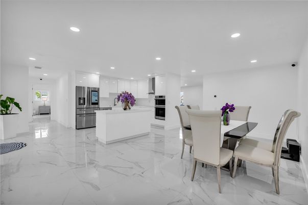 Dining room, Interior, Kitchen, Marble, Recessed Lighting, Stainless Steel Appliances