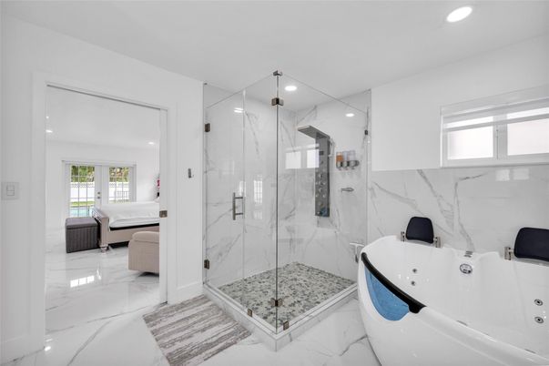 Bathroom, Glass Shower, Interior, Marble, Marble Walls, Recessed Lighting