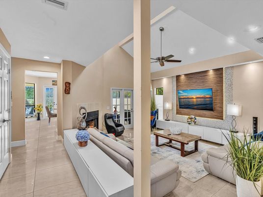 Fireplace, Interior, Living room, Recessed Lighting, Stone Walls