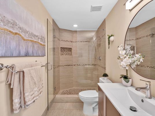 Bathroom, Glass Shower, Interior, Recessed Lighting