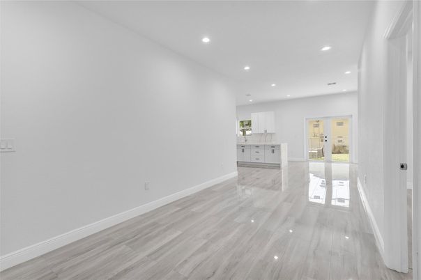 Empty room, Interior, Kitchen, Recessed Lighting, Wood Texture Flooring