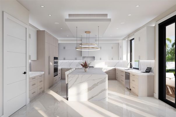 Interior, Kitchen, Marble, Marble Walls, Pendant Lights, Recessed Lighting, Stainless Steel Appliances