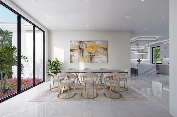Dining room, Interior, Kitchen, Marble, Marble Walls, Pendant Lights, Recessed Lighting