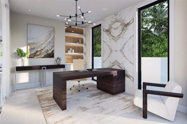 Home Office, Interior, Marble Walls, Pendant Lights, Recessed Lighting