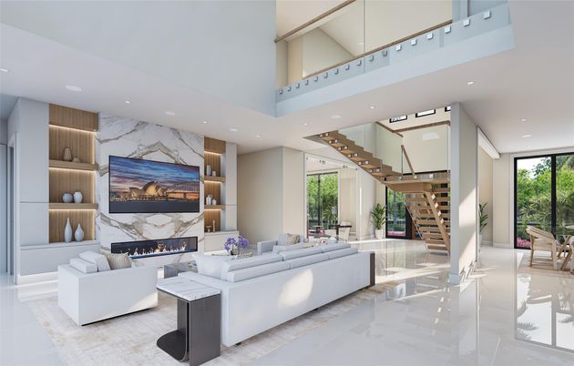Fireplace, Interior, Living room, Marble Walls, Recessed Lighting