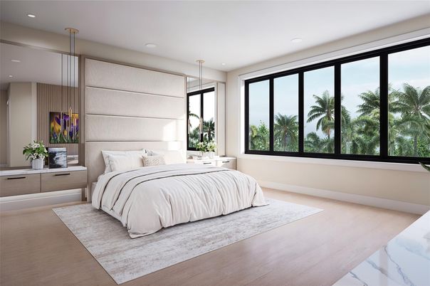 Bedroom, Interior, Pendant Lights, Recessed Lighting, Wood Texture Flooring