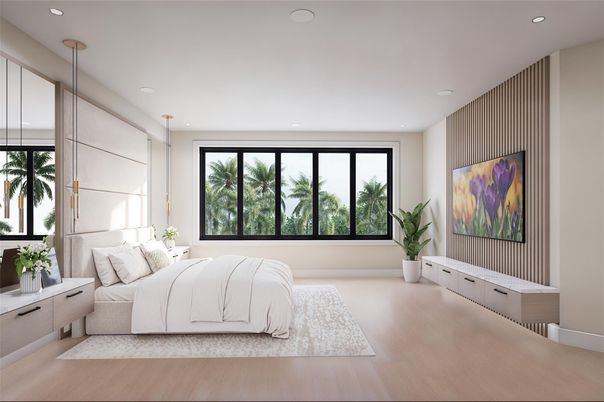 Bedroom, Interior, Pendant Lights, Recessed Lighting, Wood Texture Flooring