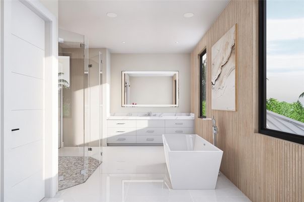 Bathroom, Free Standing Baths, Glass Shower, Interior, Recessed Lighting