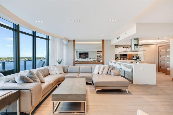 Interior, Kitchen, Living room, Recessed Lighting, Stainless Steel Appliances, Water, Wood Texture Flooring