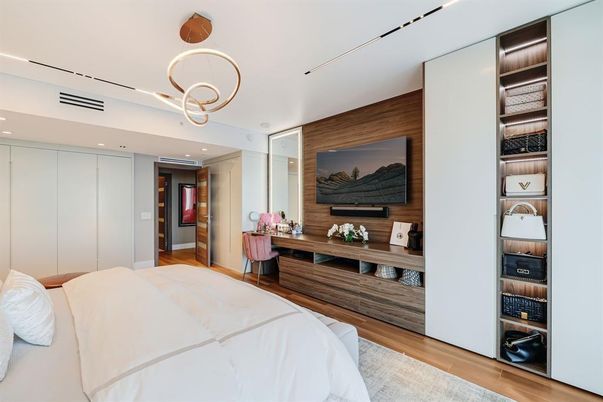Bedroom, Interior, Pendant Lights, Recessed Lighting, Wood Texture Flooring, Wooden Walls