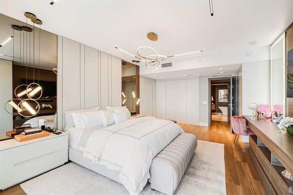 Bedroom, Interior, Pendant Lights, Recessed Lighting, Wood Texture Flooring