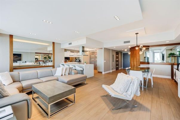 Dining room, Interior, Kitchen, Living room, Pendant Lights, Recessed Lighting, Stainless Steel Appliances, Wood Texture Flooring